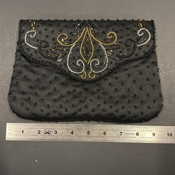 Vintage Black Silver Gold Beaded Elegant Clutch Purse Crossbody‎ Shoulder - Picture 10 of 10